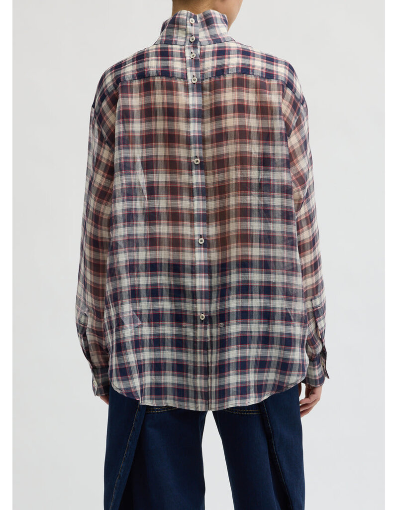 Tibi Silk Cotton Plaid Funnel Neck Shirt