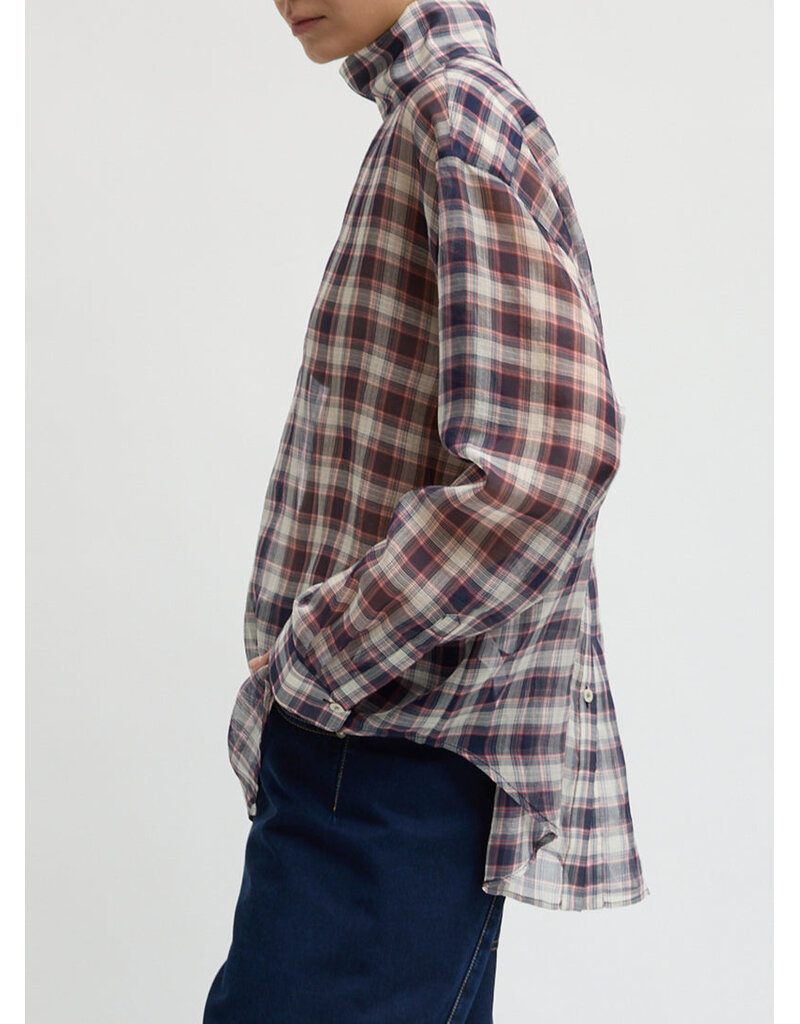 Tibi Silk Cotton Plaid Funnel Neck Shirt