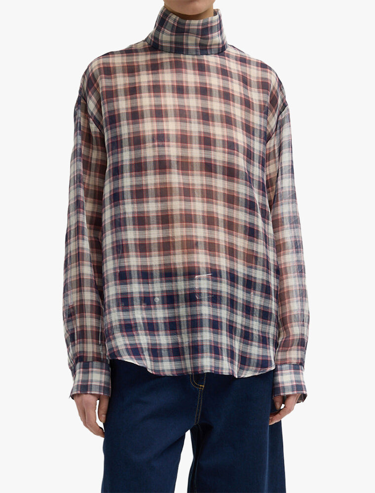 Tibi Silk Cotton Plaid Funnel Neck Shirt