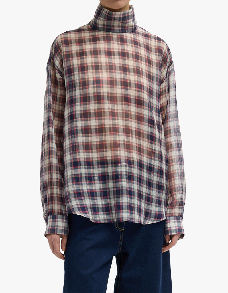 Tibi Silk Cotton Plaid Funnel Neck Shirt