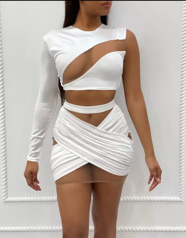 Beauty Junkee Collection One Shoulder Cross Mesh Two Piece Skirt Set