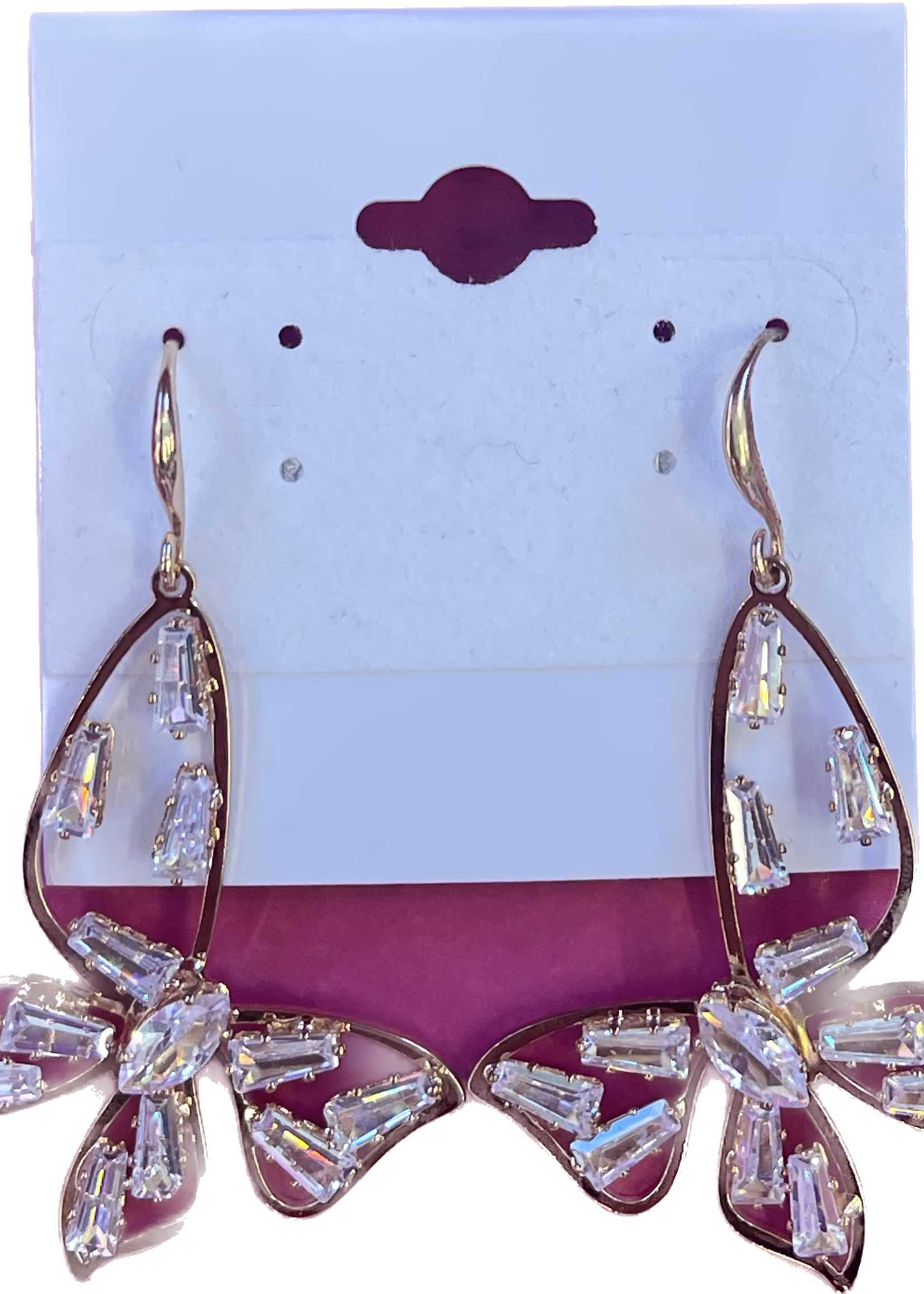 Cubic Zirconia, baguette butterfly dangle earrings, gold, 1.25x2.25in
