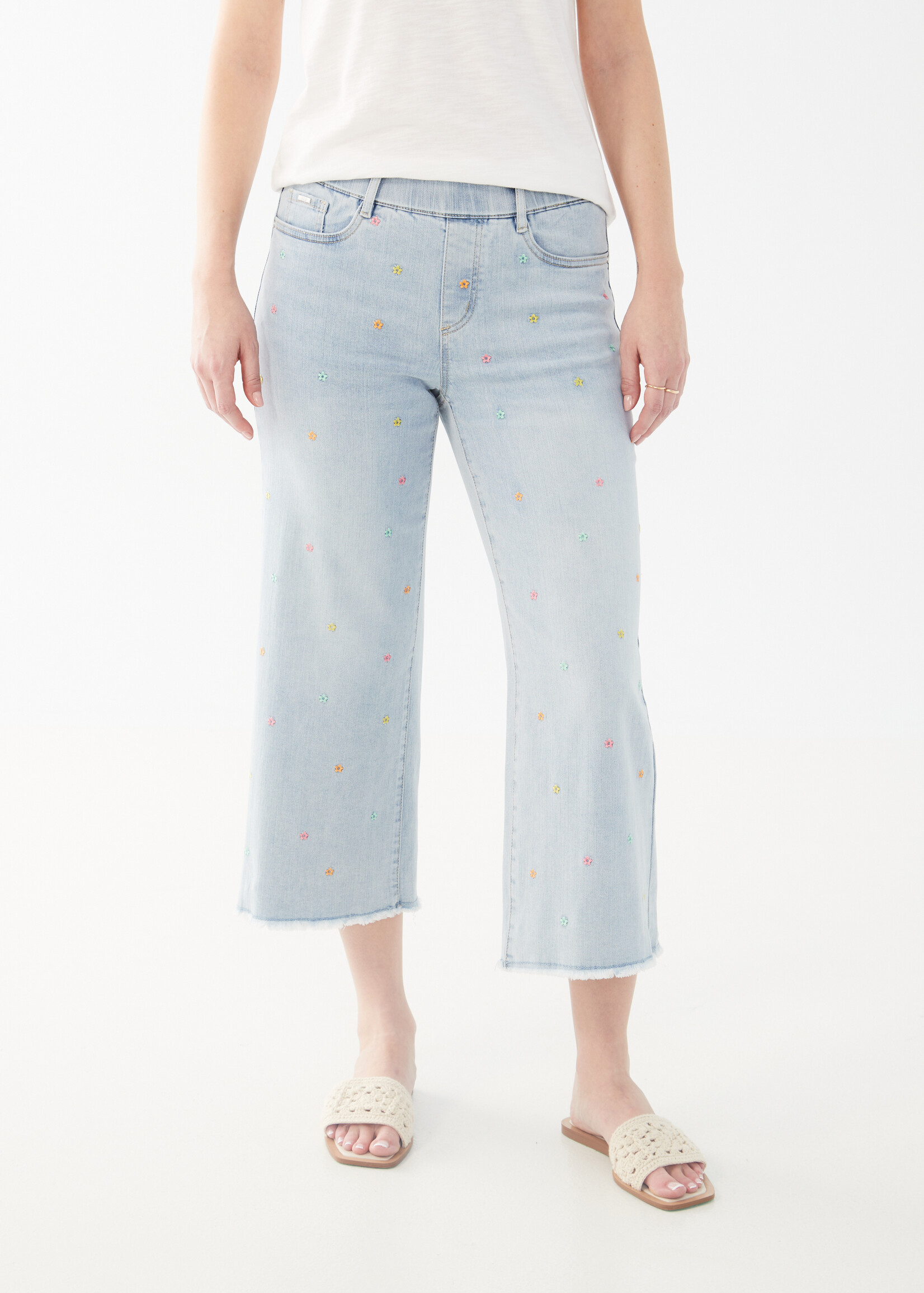 French Dressing Jeans FDJ Embroidered Flowers Wide Crop Jean