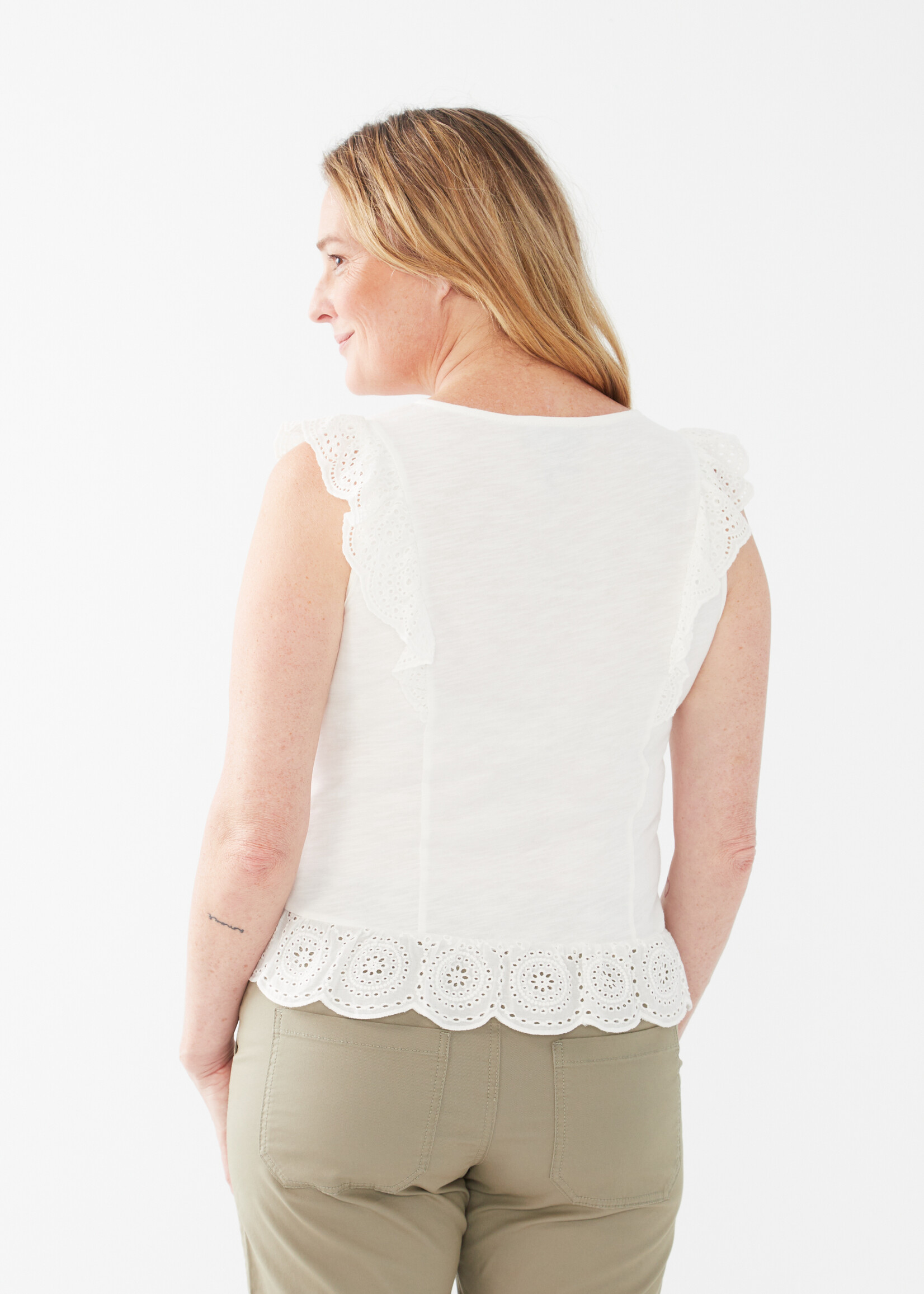 French Dressing Jeans FDJ Eyelet Lace Flounce Sleeve Top