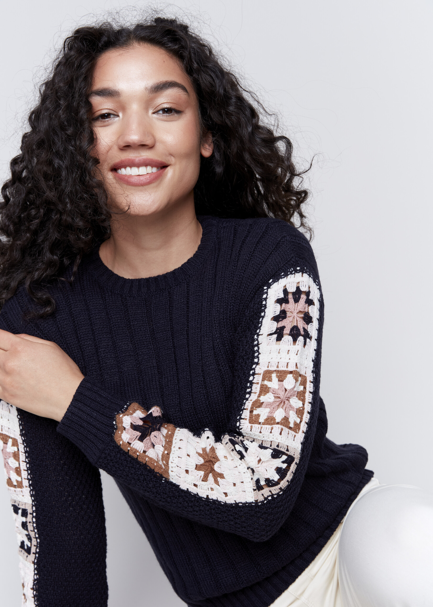 Charlie B Charlie B Crocheted Sleeves Crew Sweater