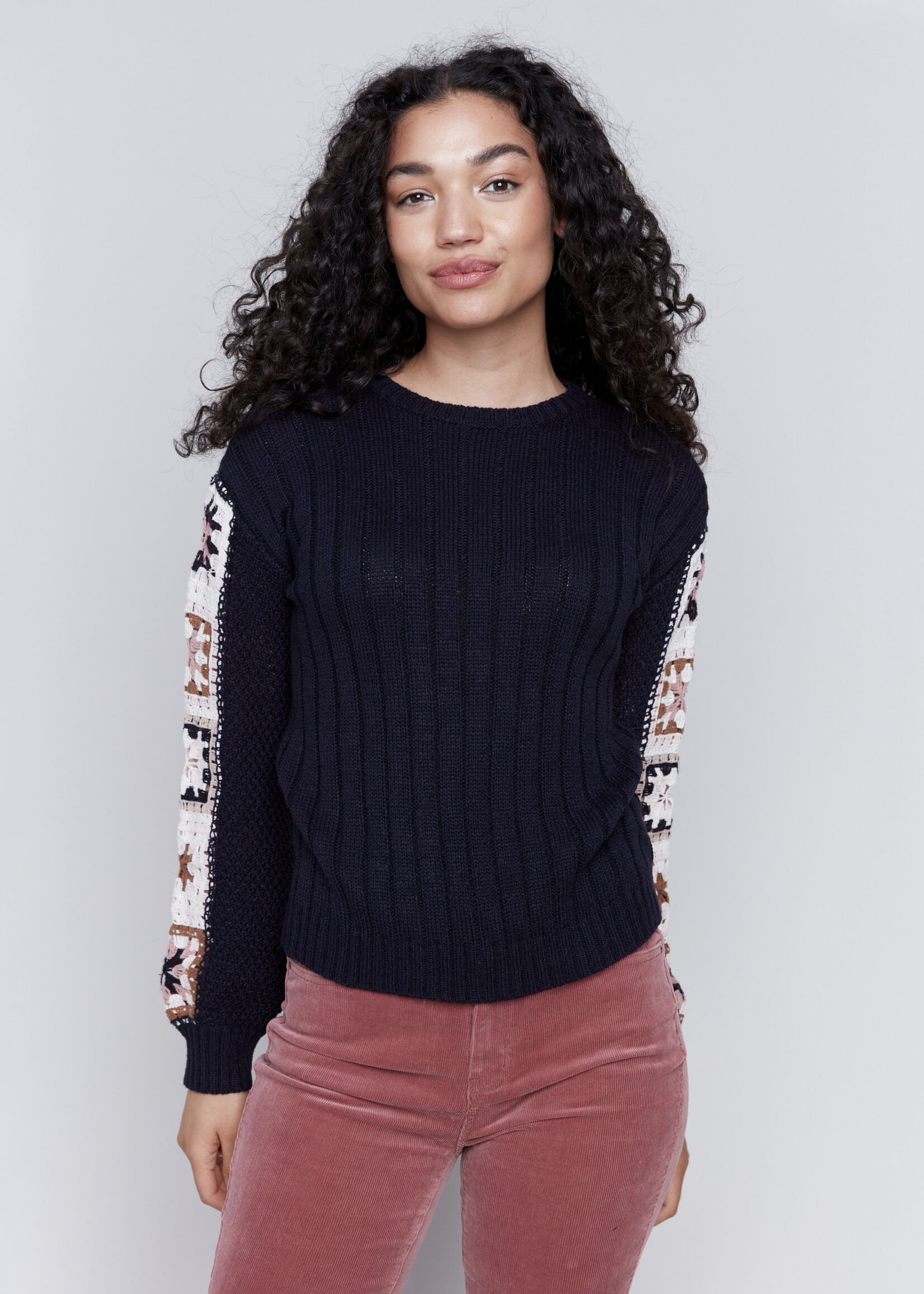 Charlie B Charlie B Crocheted Sleeves Crew Sweater