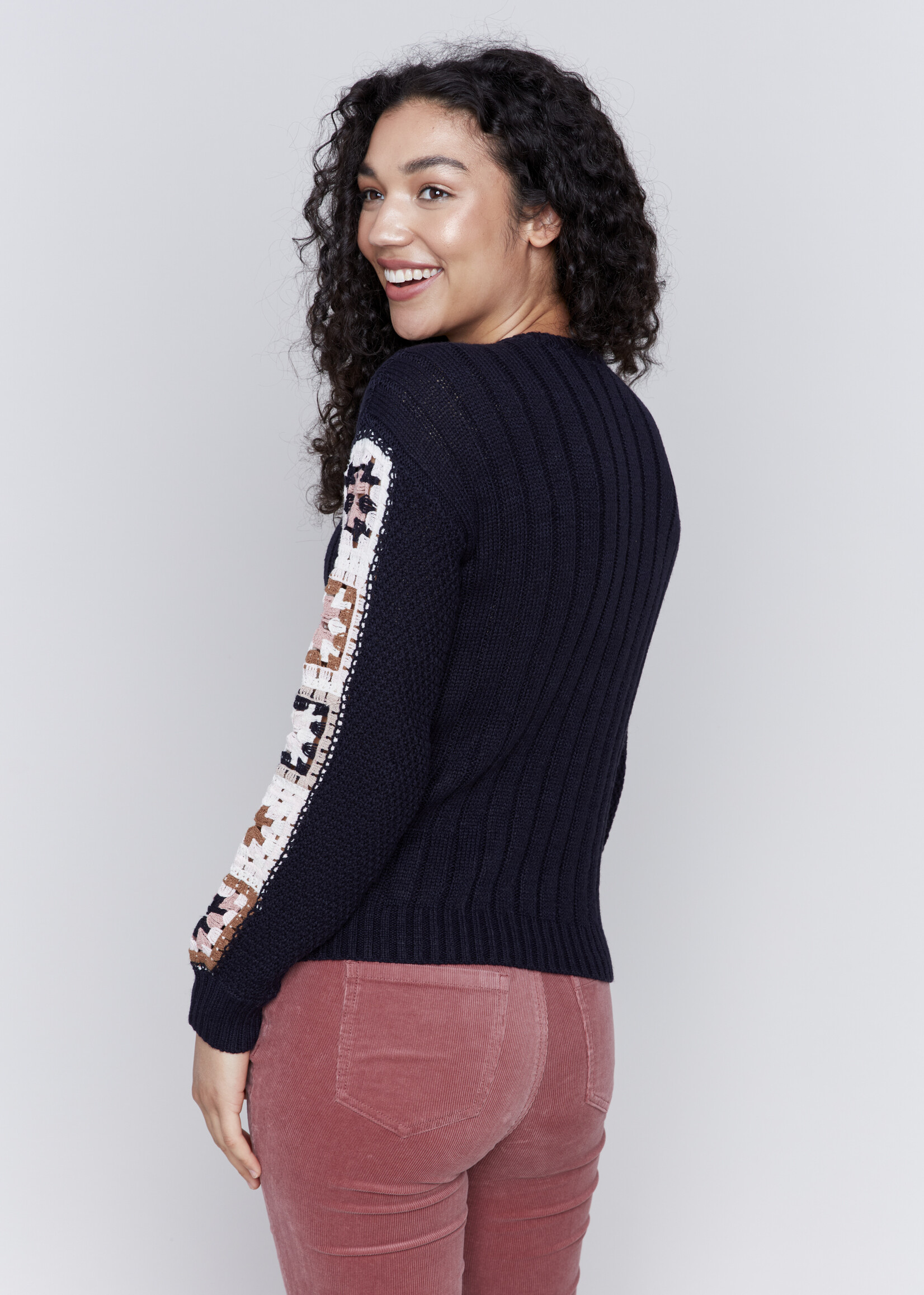 Charlie B Charlie B Crocheted Sleeves Crew Sweater