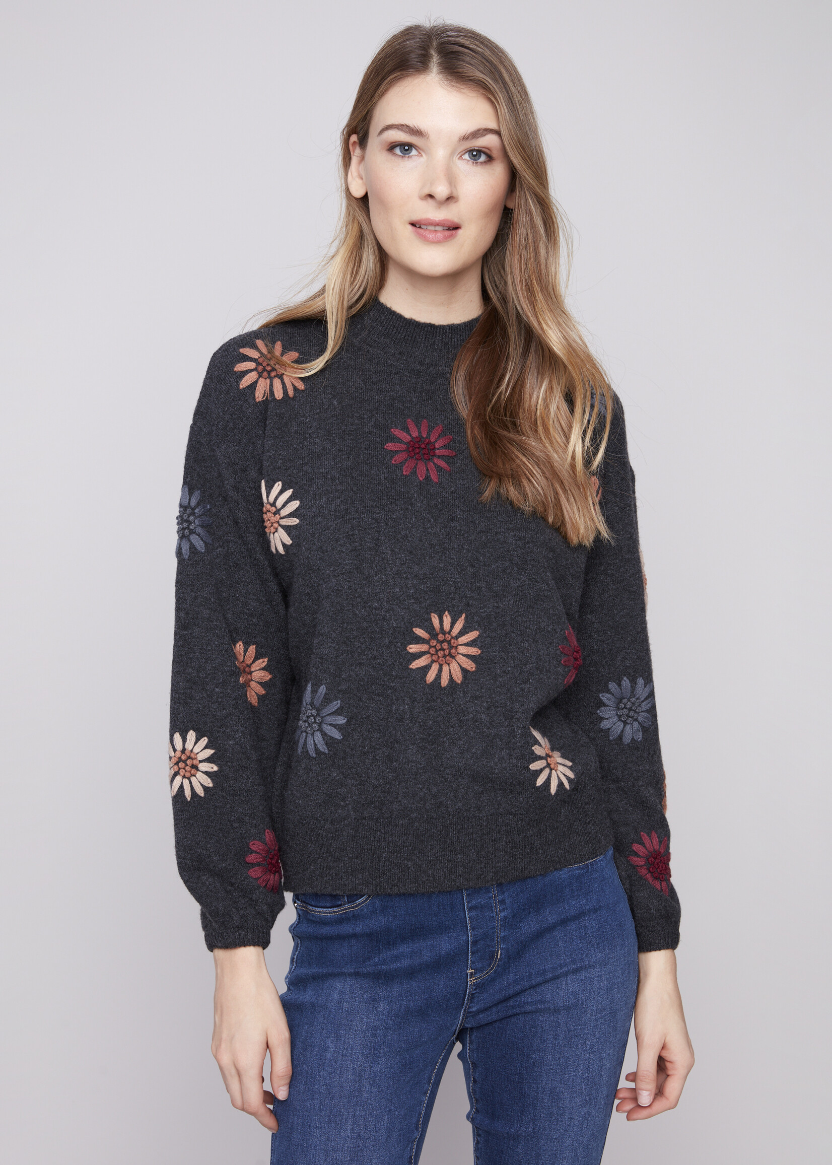 Charlie B Charlie B Floral Embroidery Mock Neck Sweater