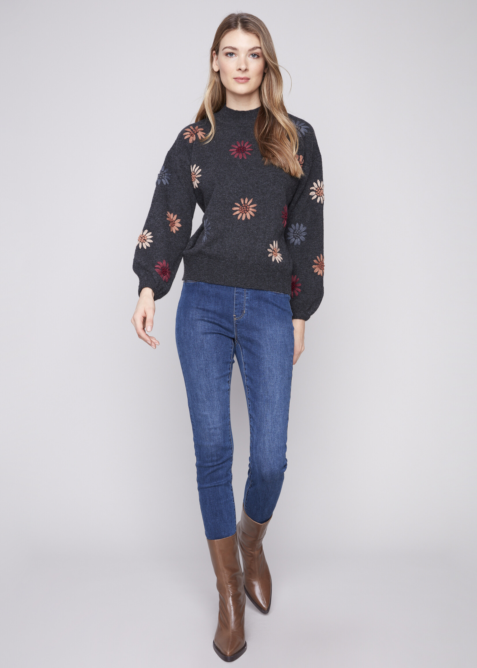 Charlie B Charlie B Floral Embroidery Mock Neck Sweater