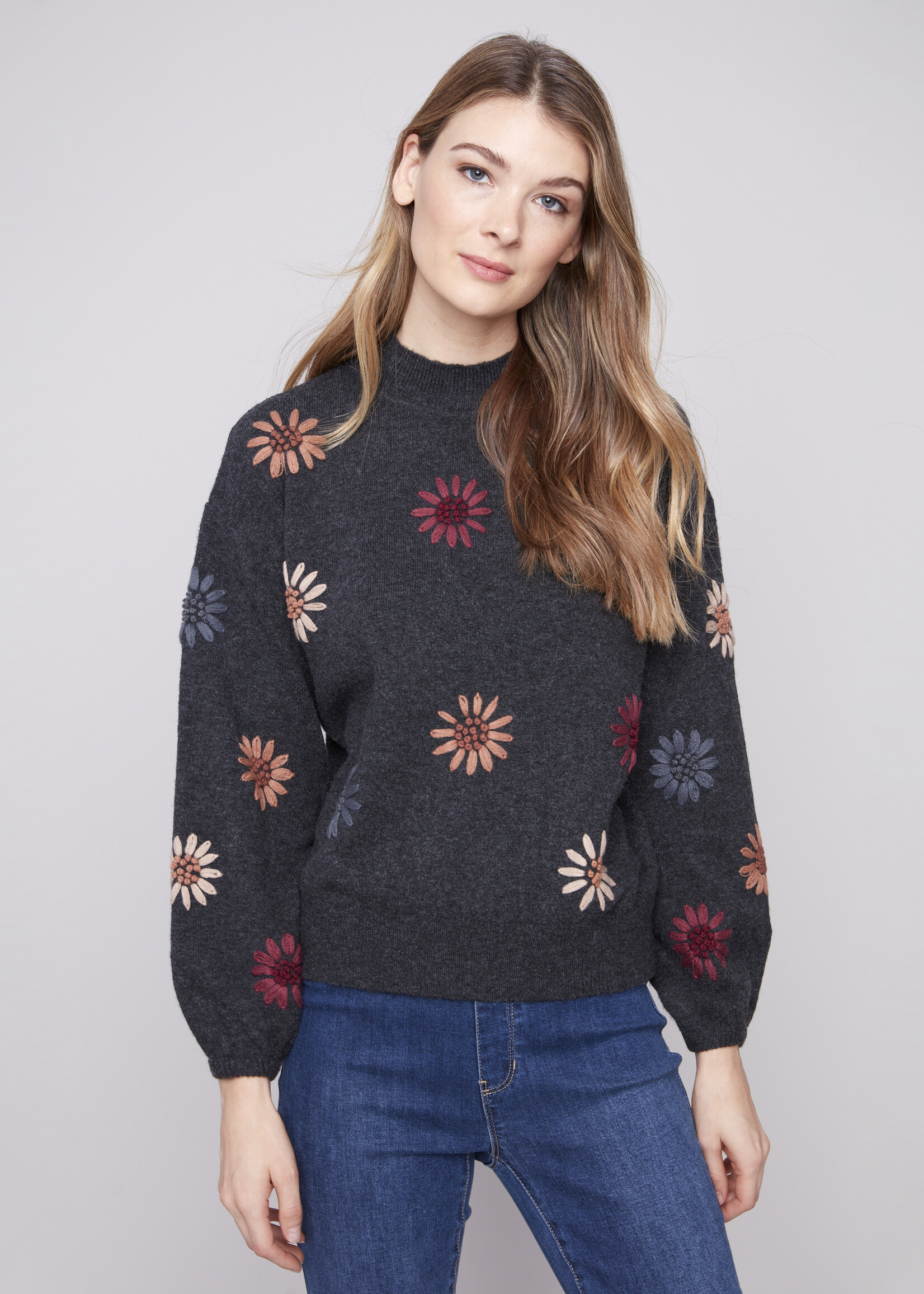 Charlie B Charlie B Floral Embroidery Mock Neck Sweater