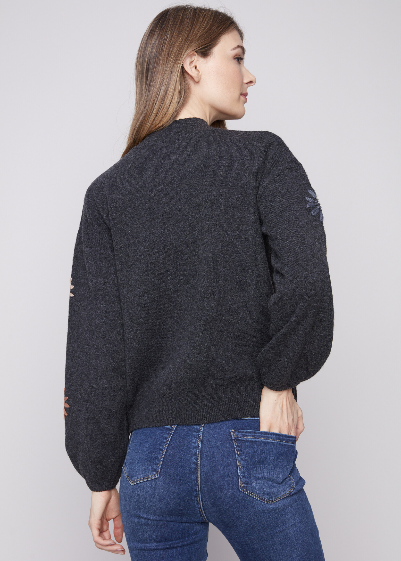 Charlie B Charlie B Floral Embroidery Mock Neck Sweater