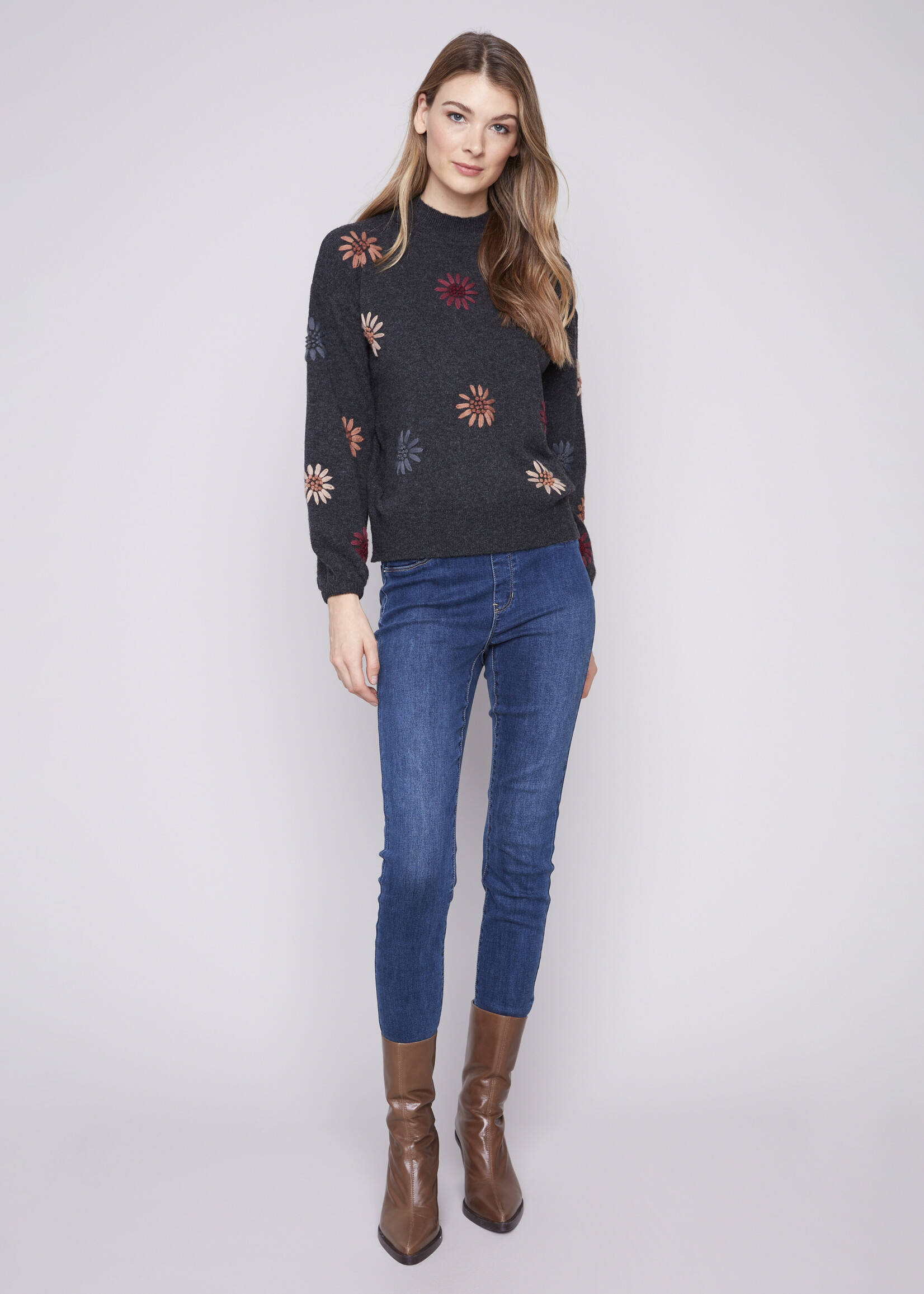Charlie B Charlie B Floral Embroidery Mock Neck Sweater