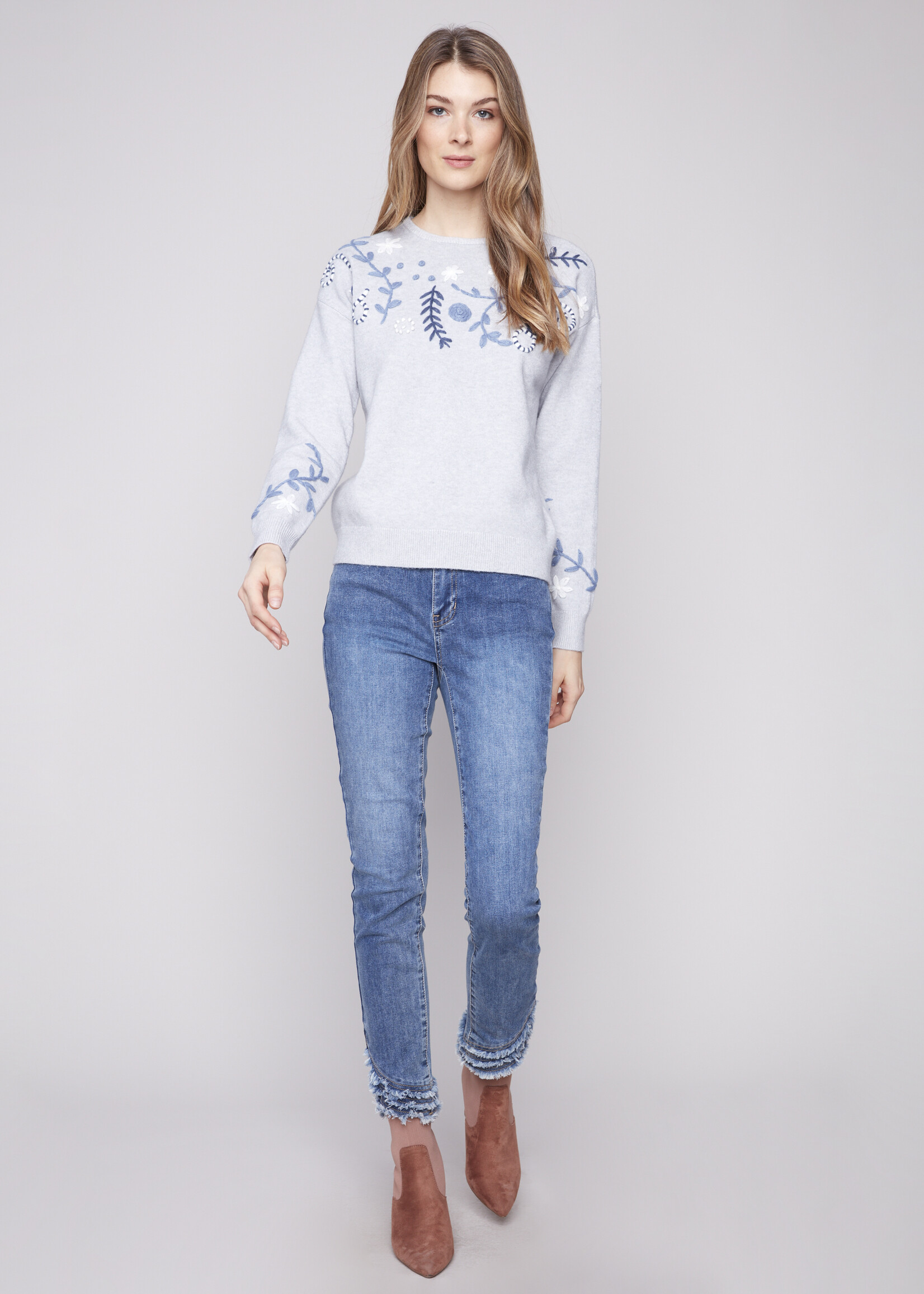 Charlie B Charlie B  Embroidered Flowers Crew Sweater