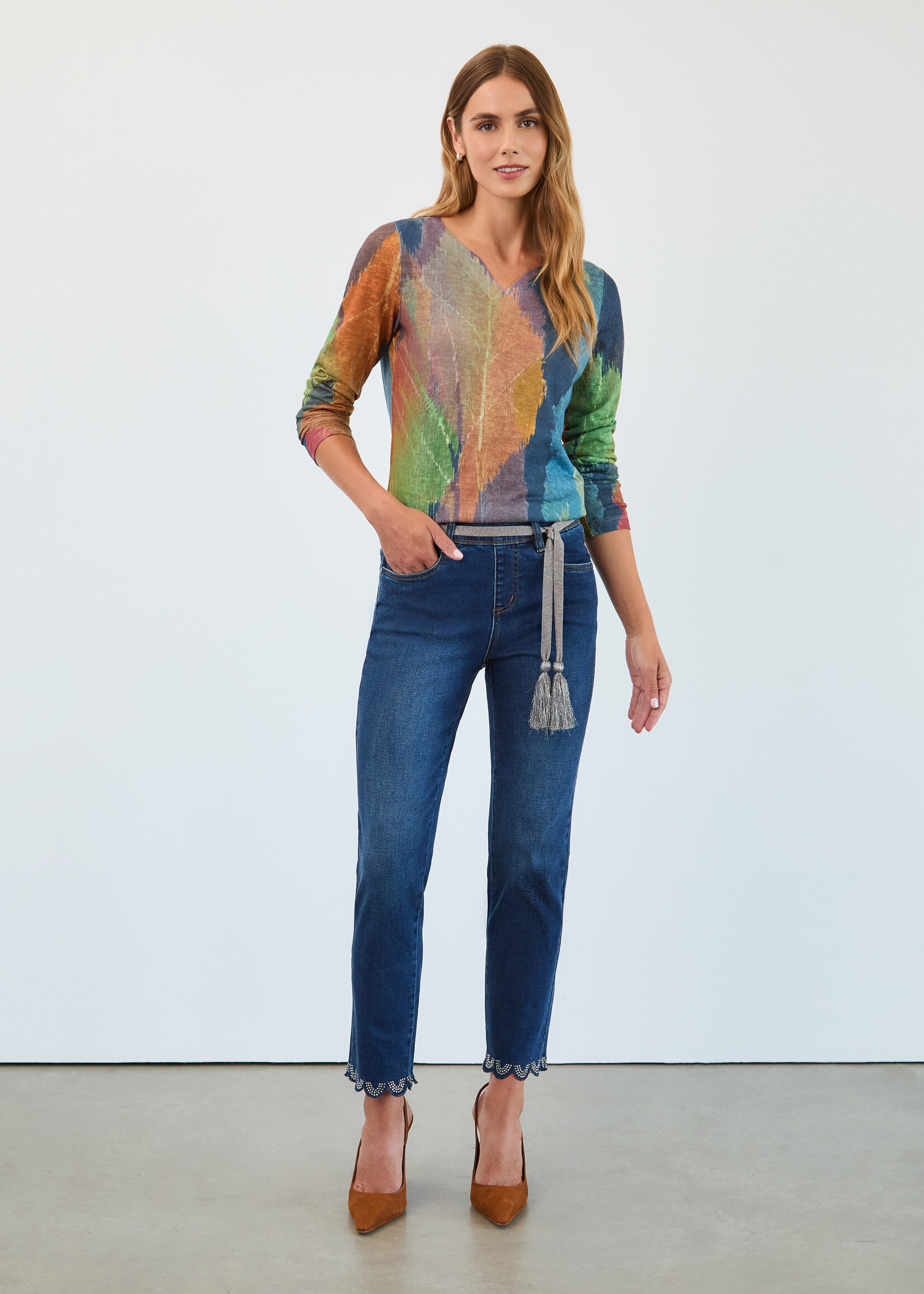 French Dressing Jeans FDJ Leaf Print Vneck Top