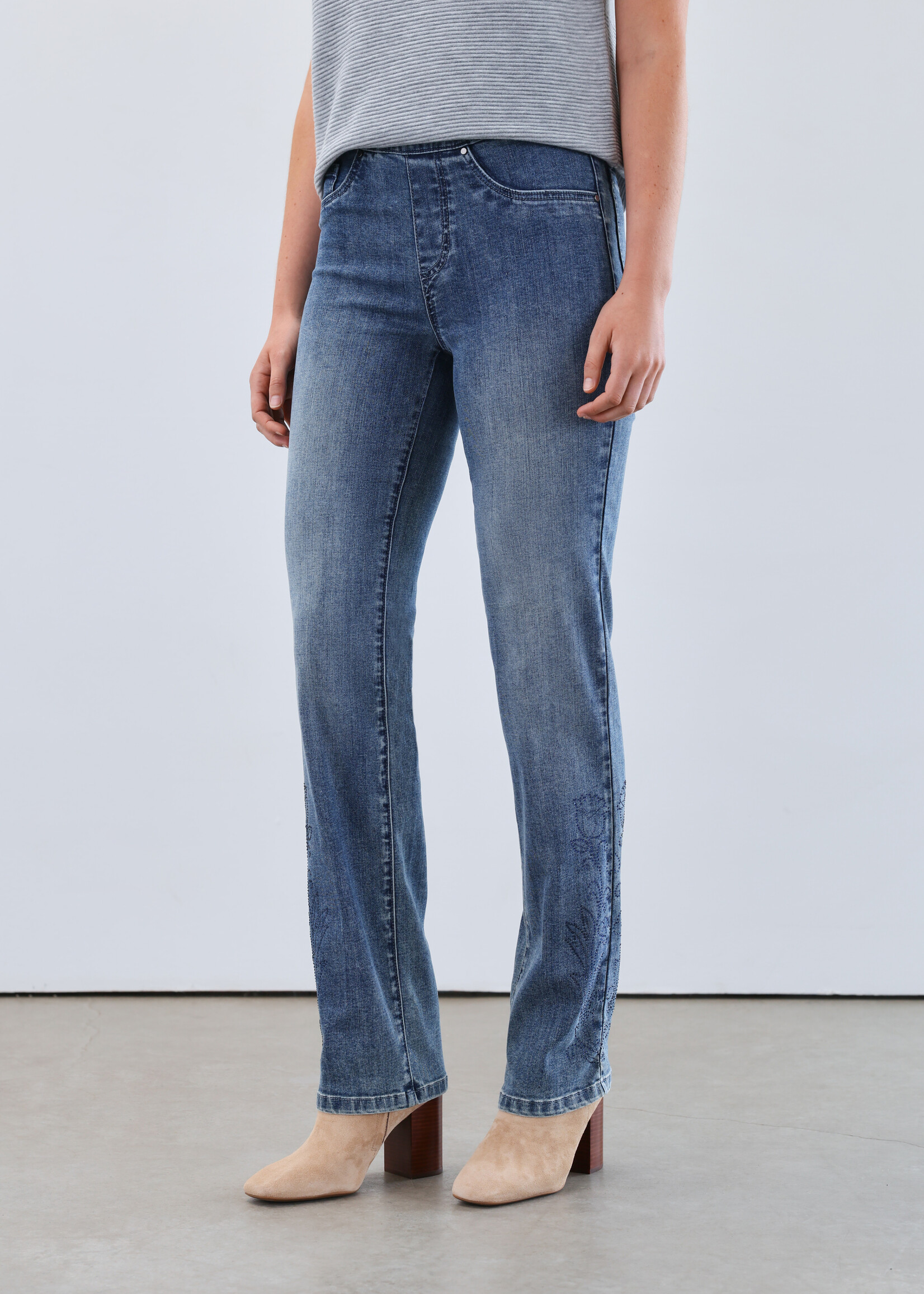 French Dressing Jeans FDJ  Sparkle Flower Detail Pull On Straight Leg Jean