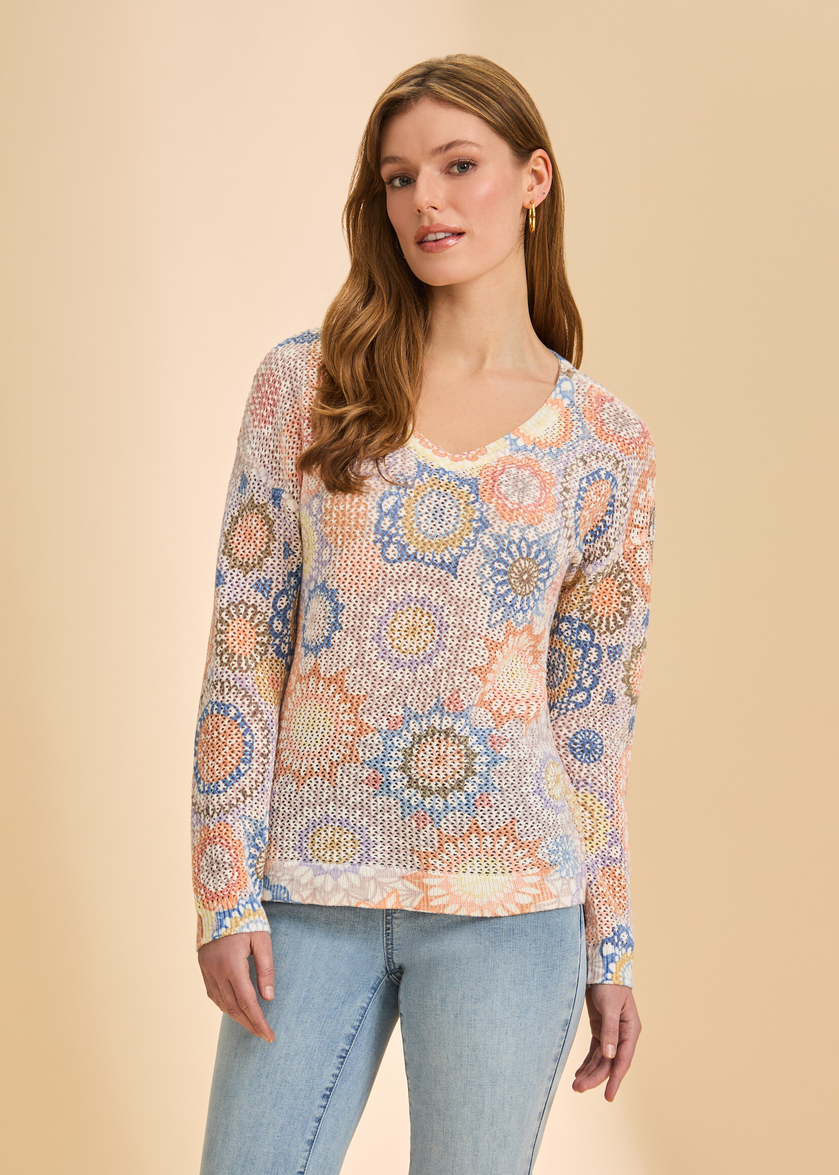 French Dressing Jeans FDJ Floral Open Weave Sweater
