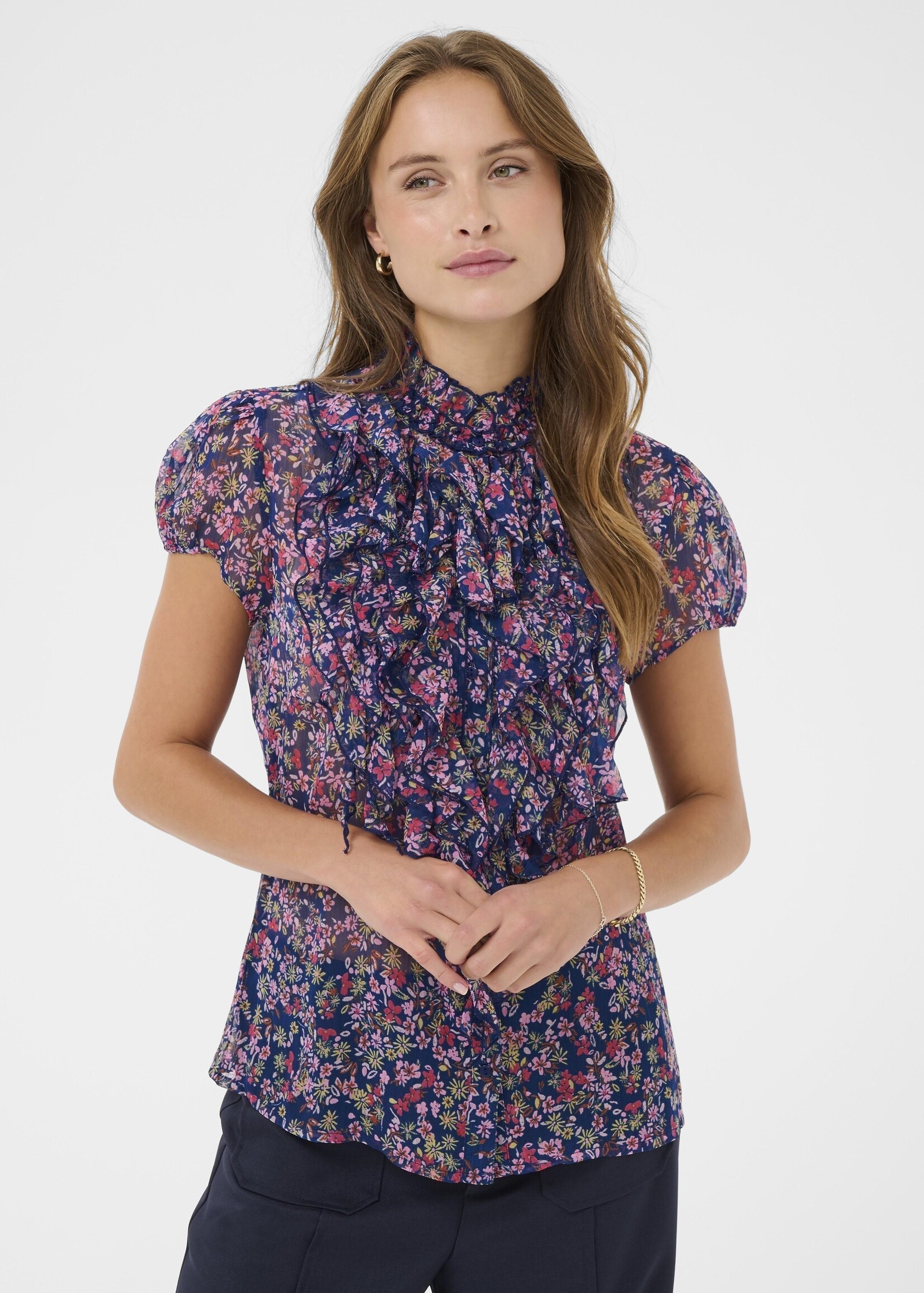 Saint Tropez Saint Tropez Cap Sleeve Ruffle Blouse