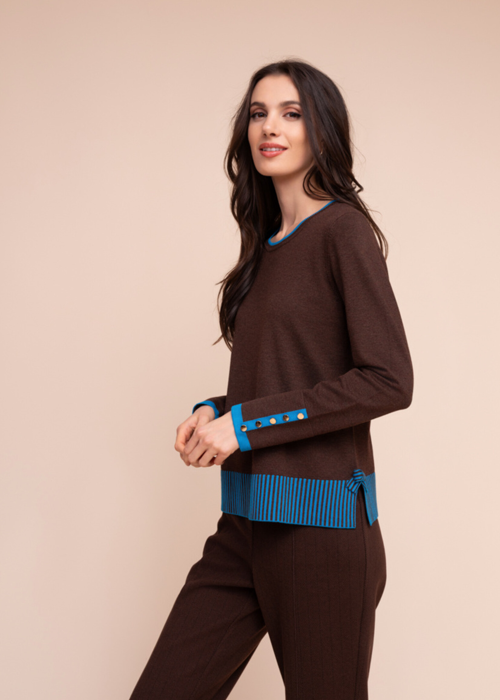 Alison Sheri Alison Sheri Crew Sweater with Striped Hem Detail