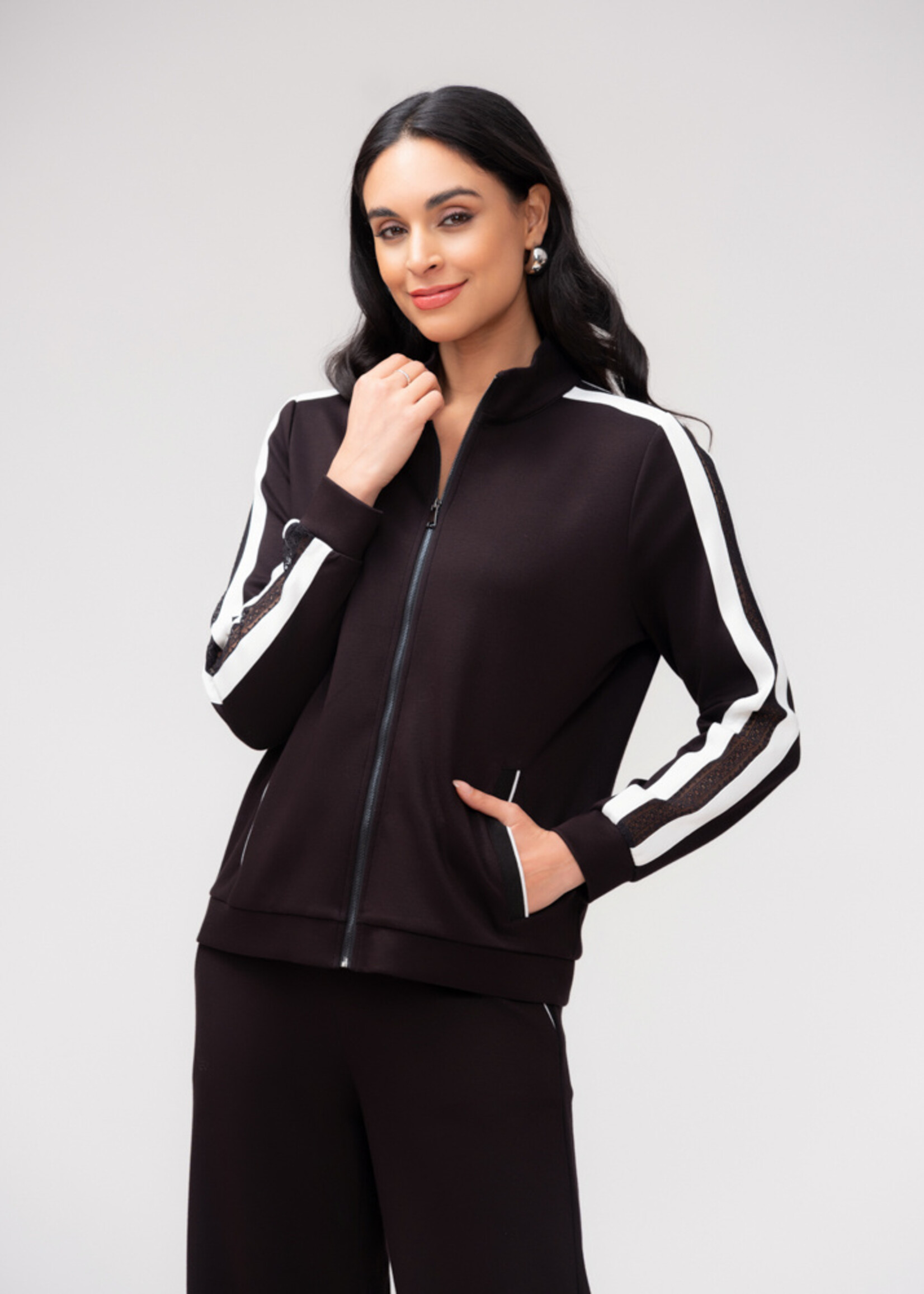 Elena Wang Elena Wang  Stripe and Lace Slv Detail Zip Jacket