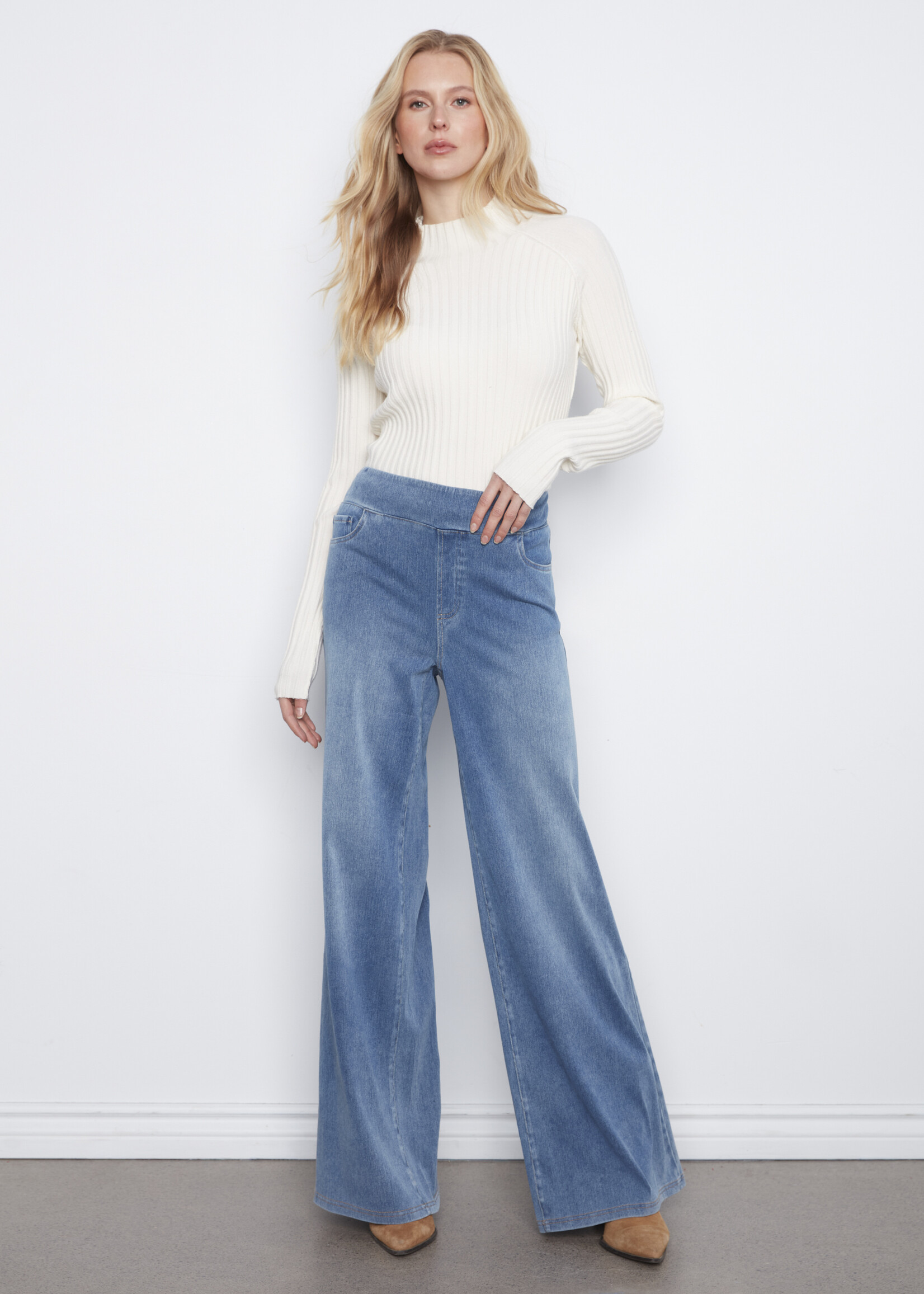 Charlie B Charlie B Knit Denim Pull On Wide Leg Jeans