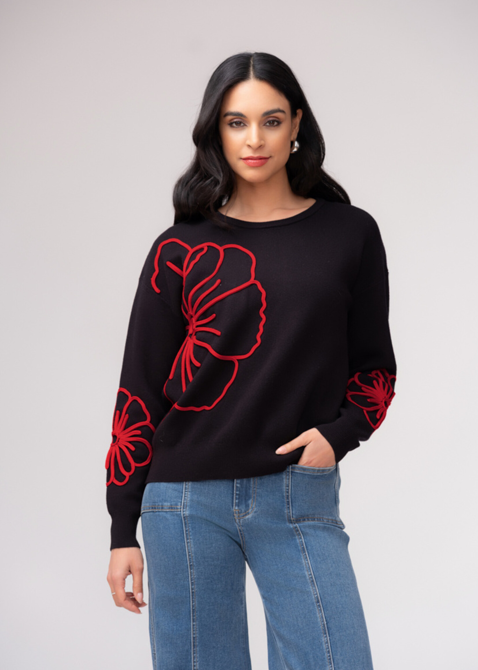 Elena Wang Elena Wang  Red Flower Detail Crew Sweater