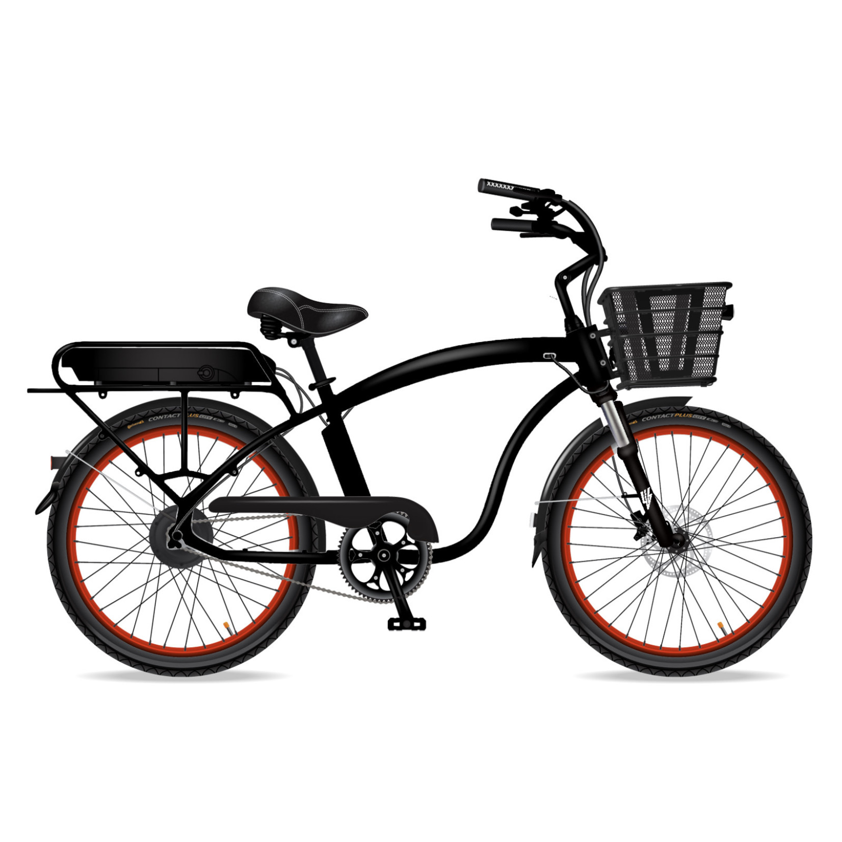 Electric Bike Company EBC Model C - Black, Basket, Red Rims