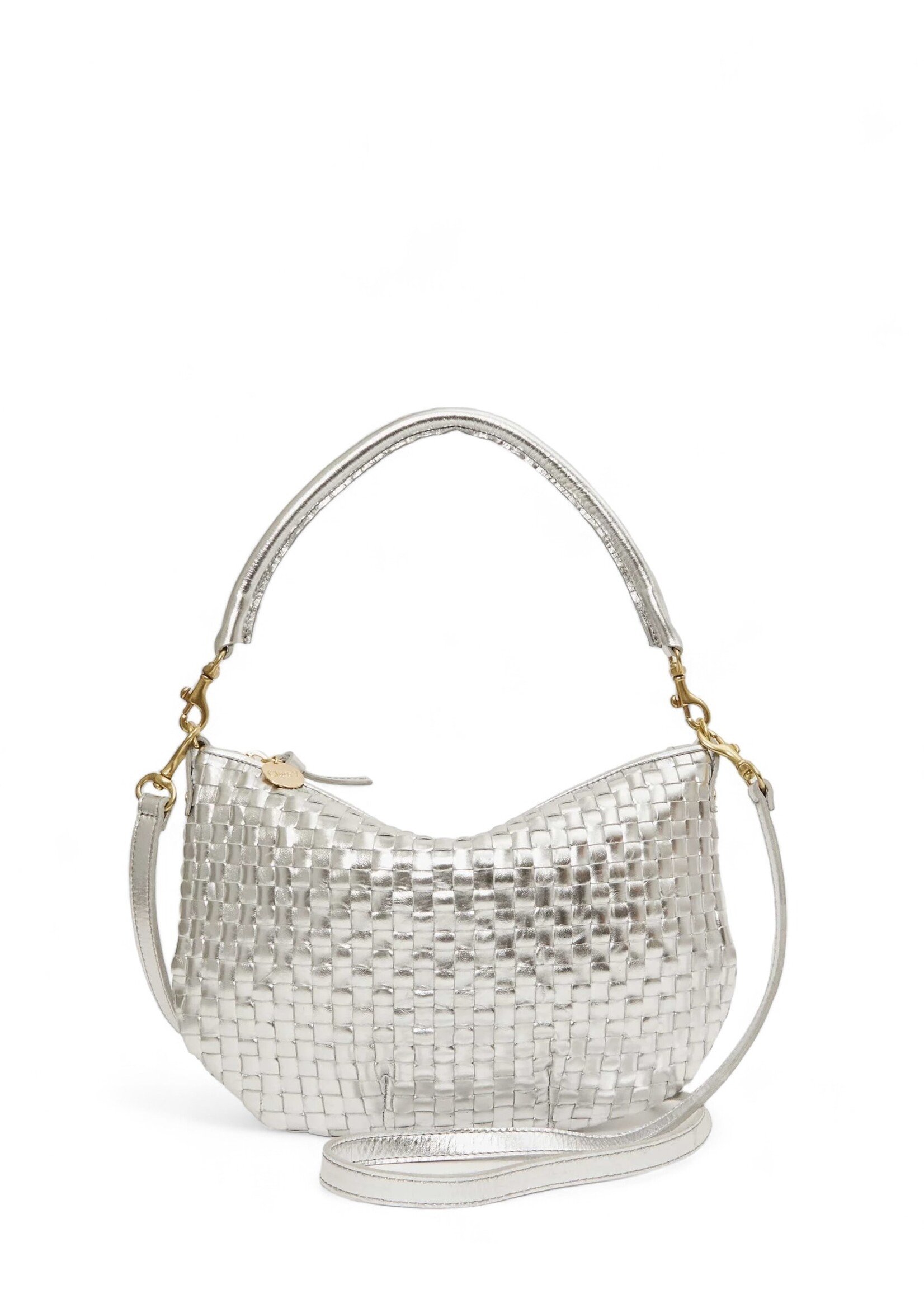 Clare V Petit Moyen Messenger - Silver Specchio Woven Checker