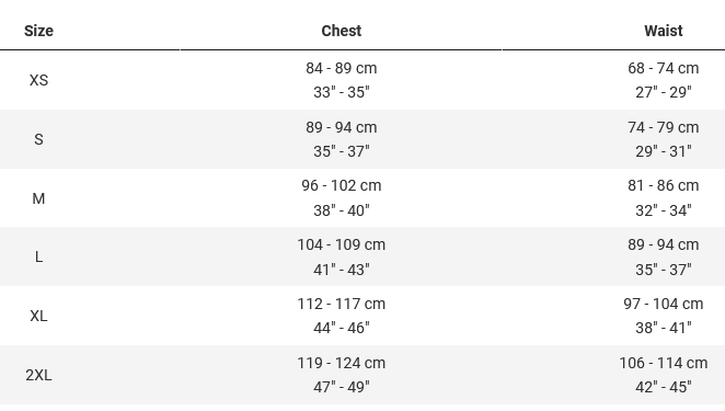 Trail Jersey Size Chart