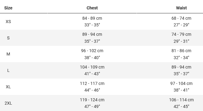 Traditional Cycling Jersey Size Chart