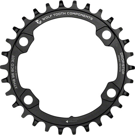 WOLF TOOTH Wolf Tooth 96 BCD Chainring - 30t, 96 Asymmetric BCD, 4-Bolt, Drop-Stop, For Shimano XT M8000 and SLX M7000 Cranks, Black