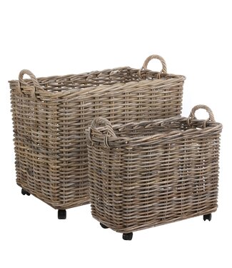 Rectangle Rattan Rolling Baskets, Set of 2