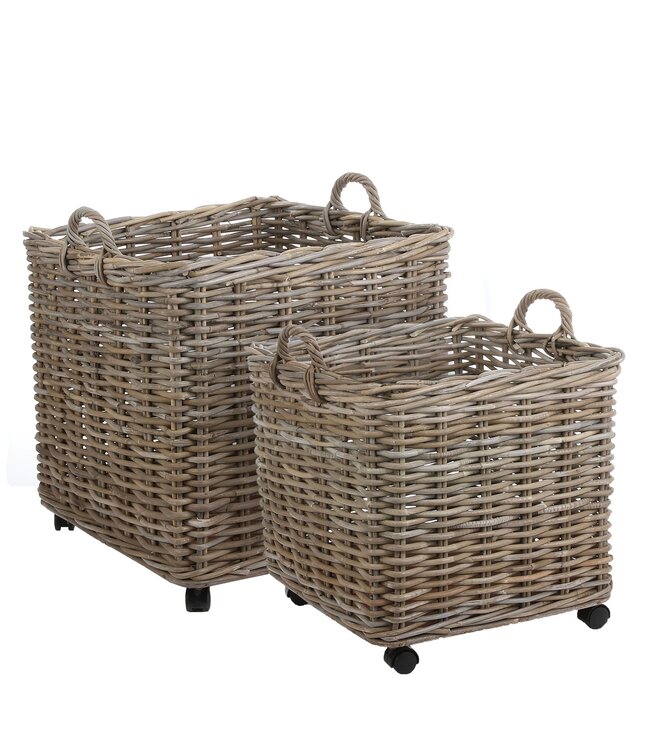 Square Rattan Rolling Baskets, Set of 2