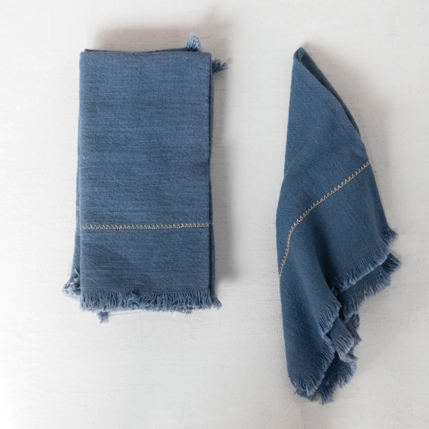 Square Woven Cotton Napkins w/ Gold Stitching & Fringe-Blue