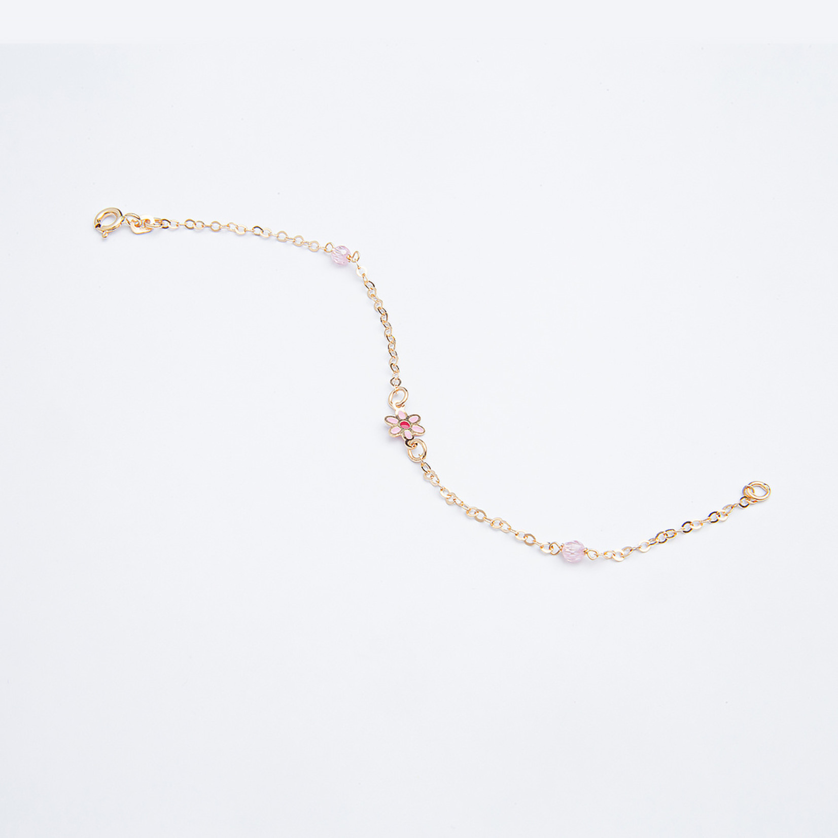 LXR Jewelry 18KT Yellow Gold Pink Enamel Flower with Pink Stones Bracelet 5.5 inches