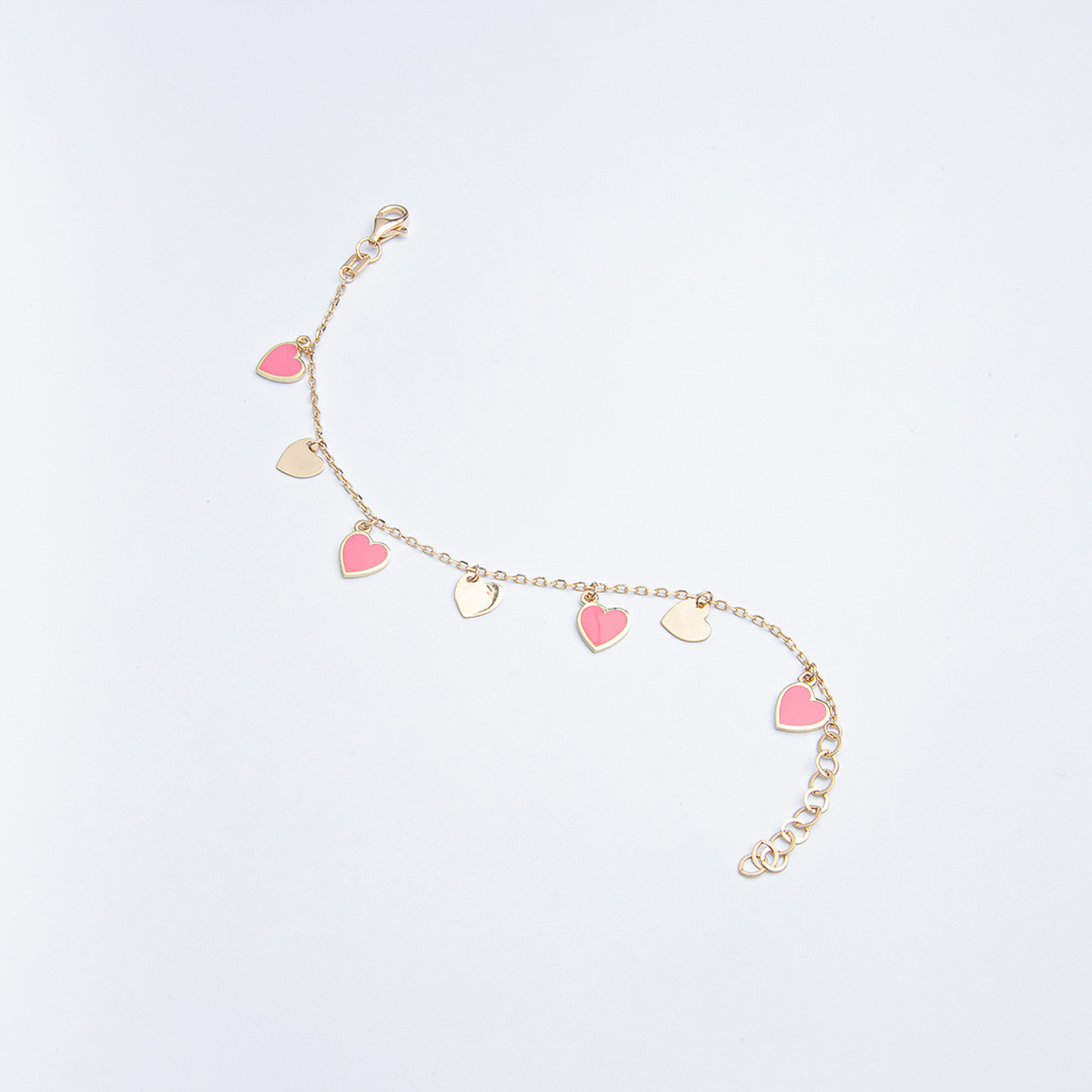 LXR Jewelry 18K Yellow Gold Pink Enamel Heart Charm Bracelet 6 inches