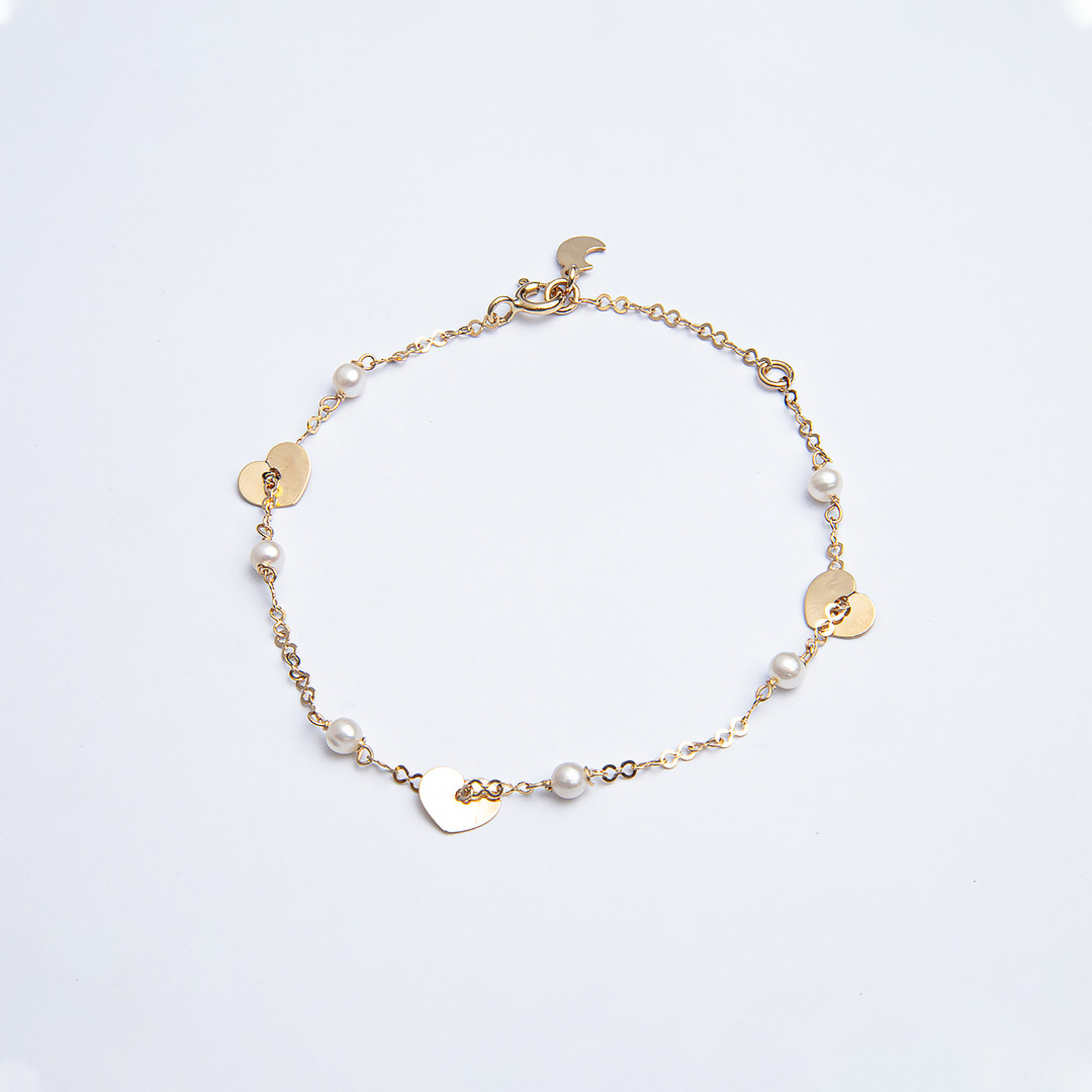 LXR Jewelry 18K Solid Yellow Gold Hearts and Pearl Bracelet 7 inches