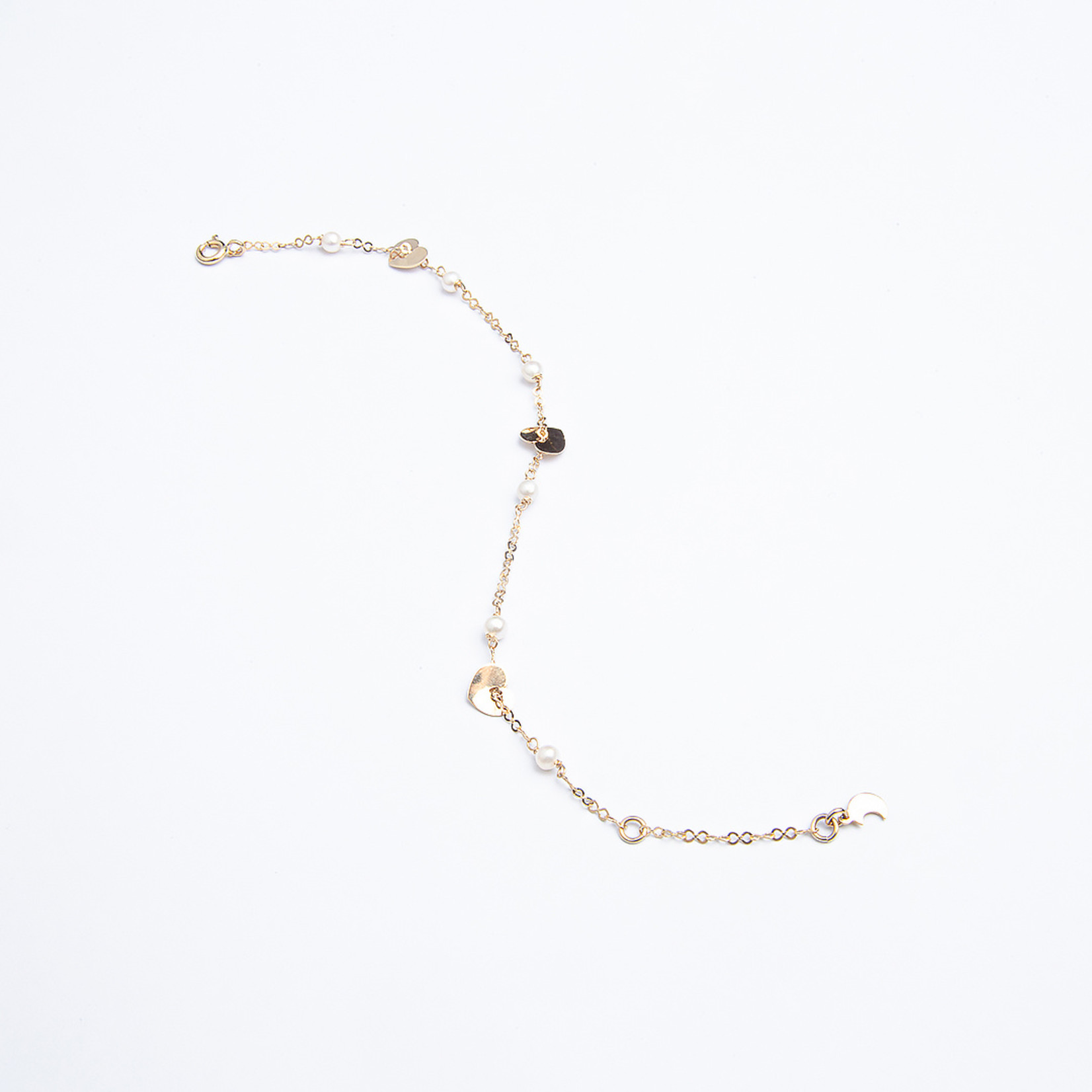 LXR Jewelry 18K Solid Yellow Gold Hearts and Pearl Bracelet 7 inches