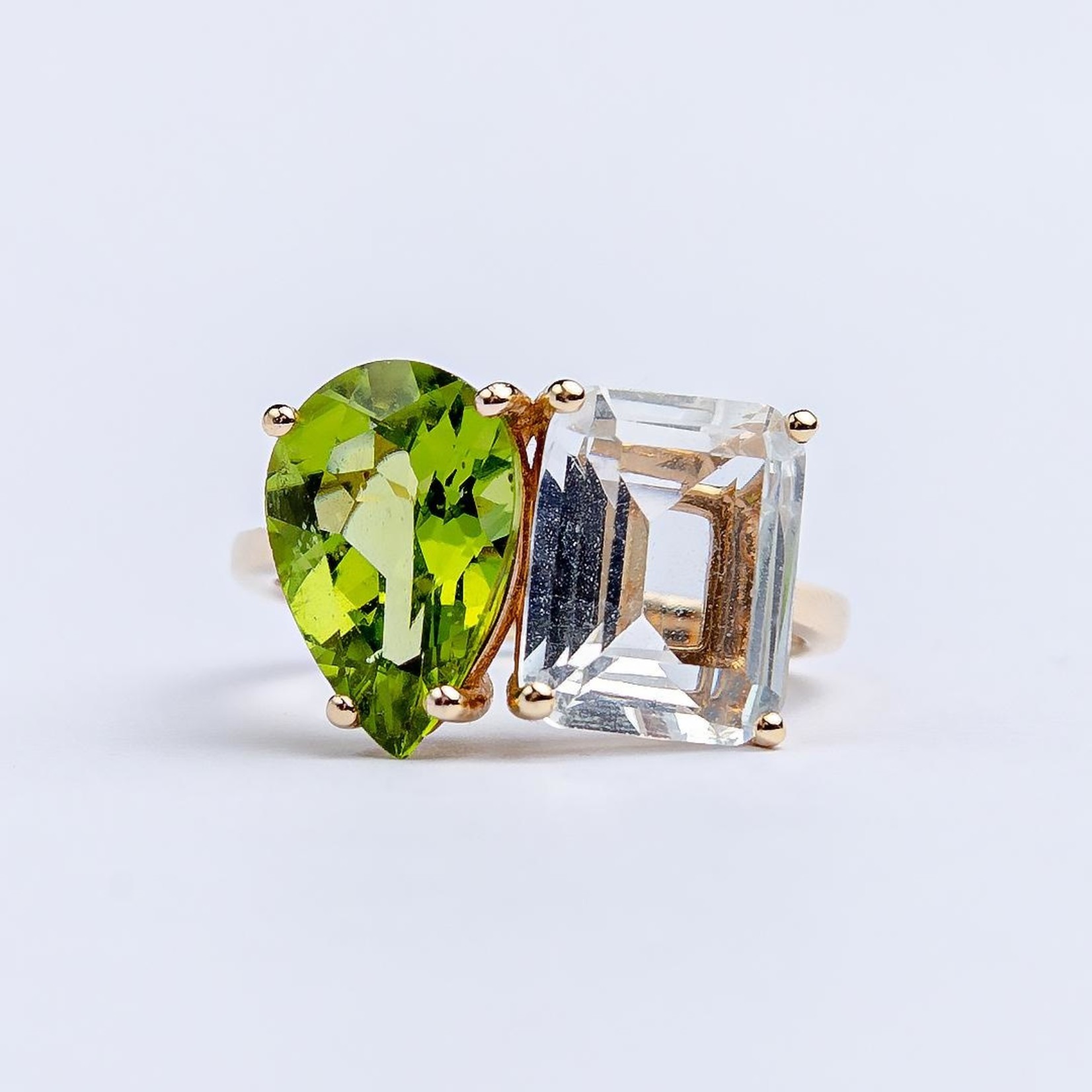 LXR Jewelry Ring 14K 2 Stone Pear Emerald Yellow Gold