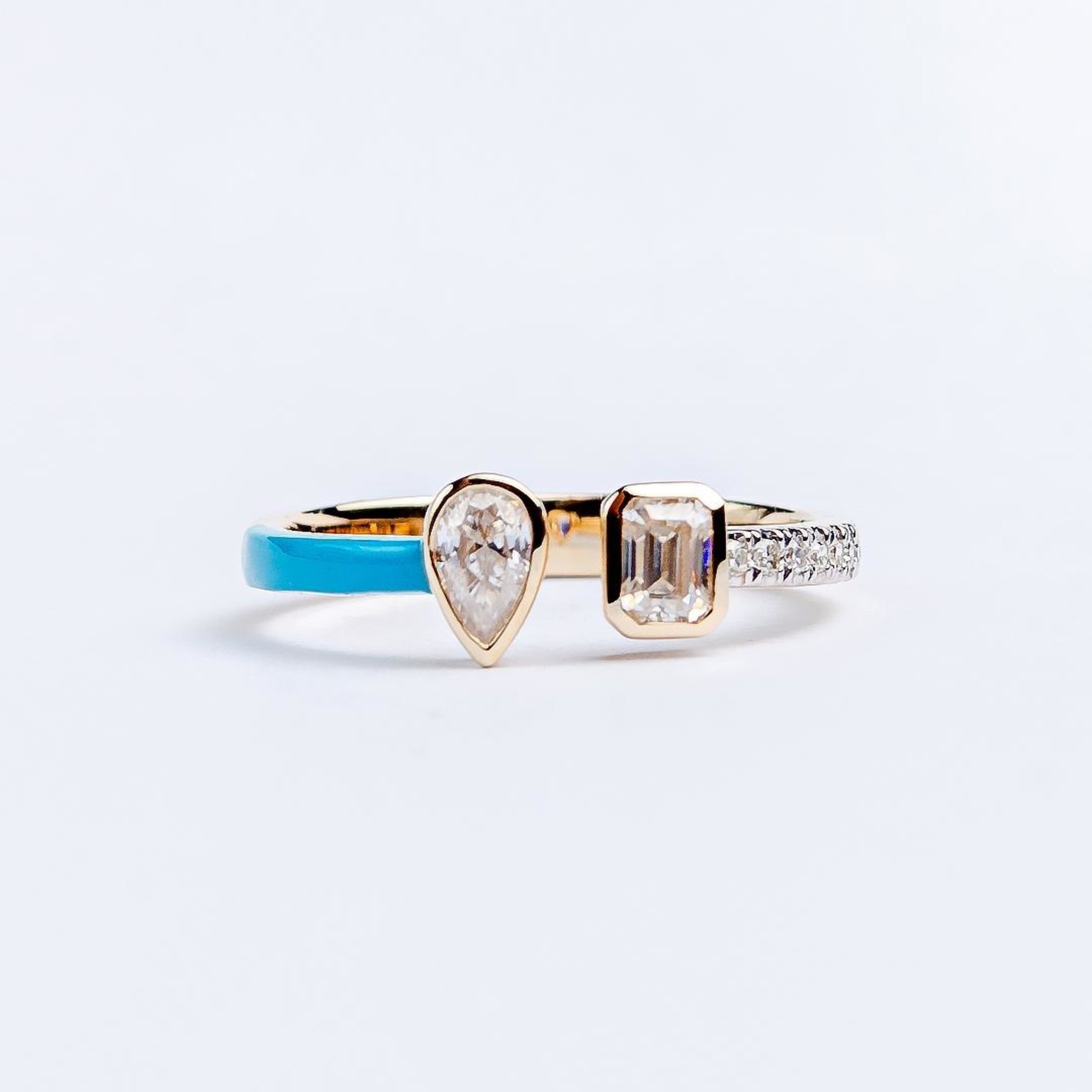LXR Jewelry Ring 14K 2 Stone enamel Blue color Yellow Gold