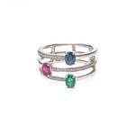 LXR Jewelry Ring 18KW Sapphire Emerald Ruby 0.76ct. Diamond 0.1ct.