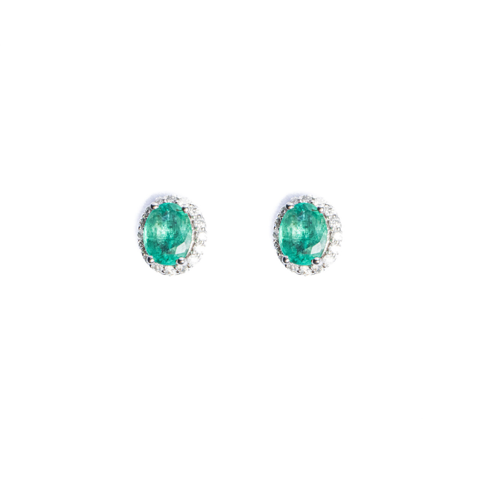 LXR Jewelry Studs 0.17ct. tw. Diamond around Round 0.70ct tw.Oval Emerald 14KW
