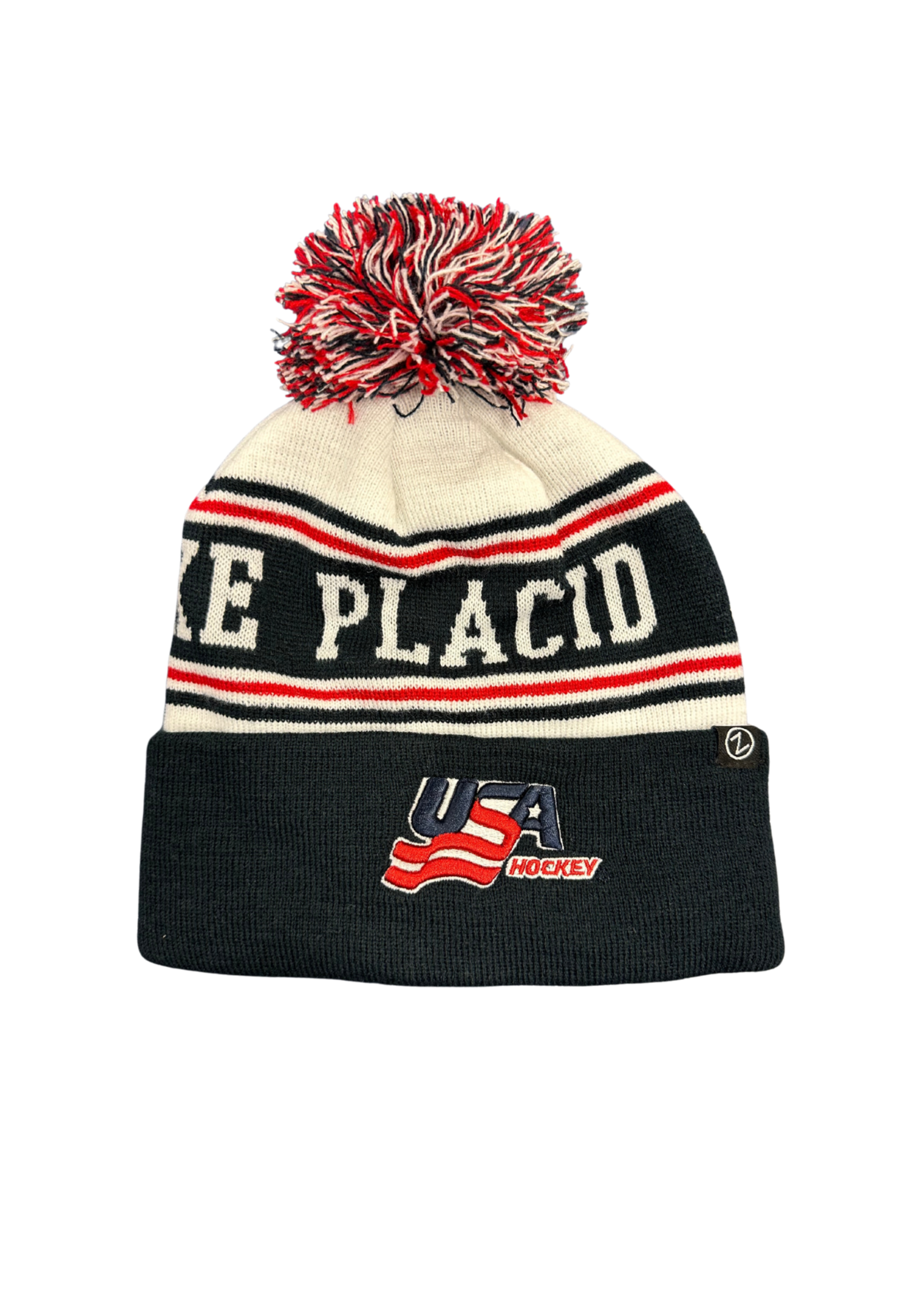 USA Hockey Lake Placid Finish Line Striped Pom Beanie