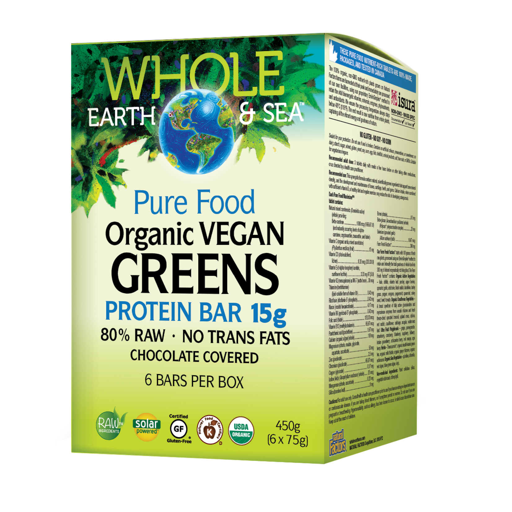 WHOLE EARTH & SEA WHOLE EARTH & SEA ORGANIC VEGAN GREEENS PROTEIN BAR 15G (6X75 BOX)