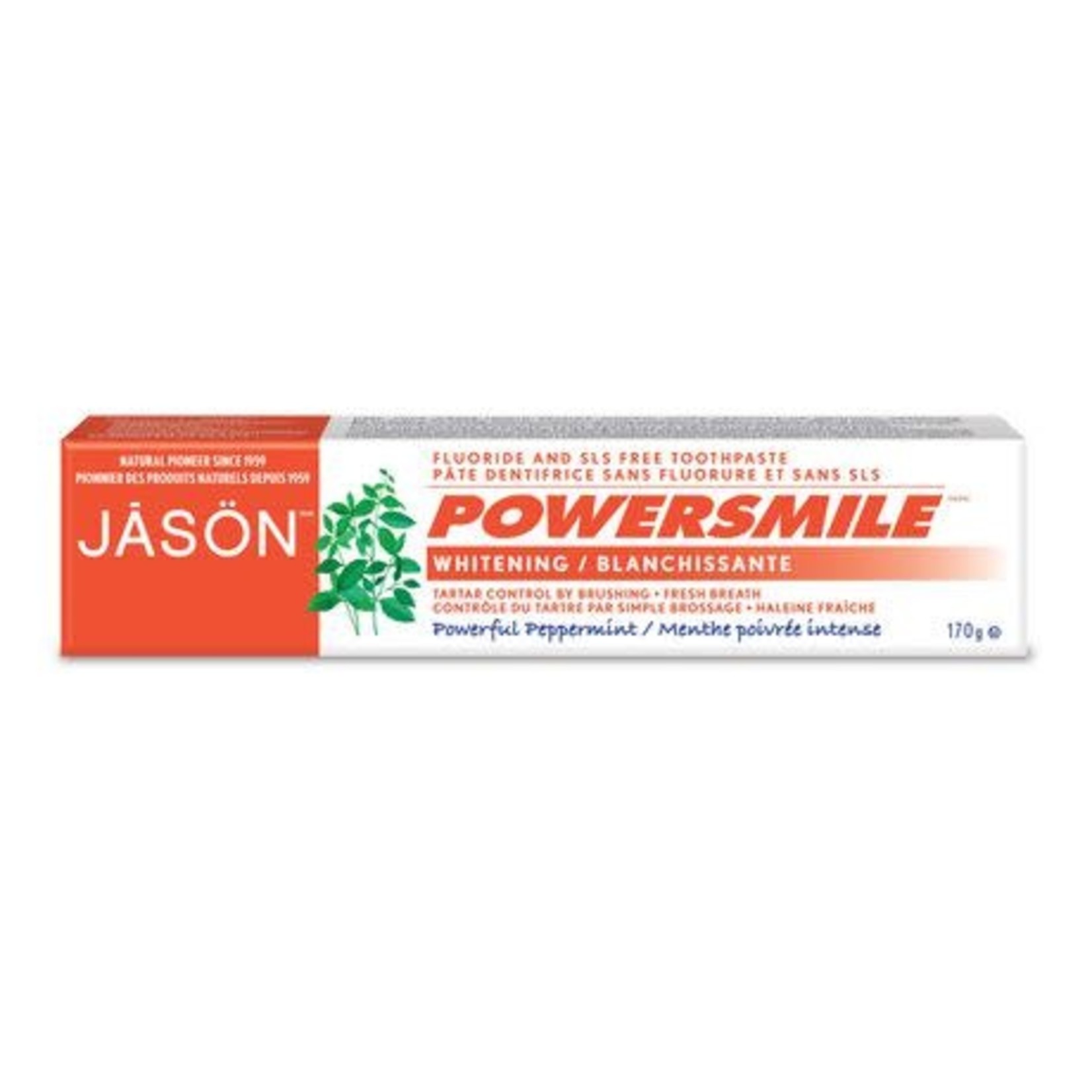 JASON JASON POWER SMILE - WHITENING TOOTHPASTE - FLUORIDE FREE, POWERFUL PEPPERMINT 170G