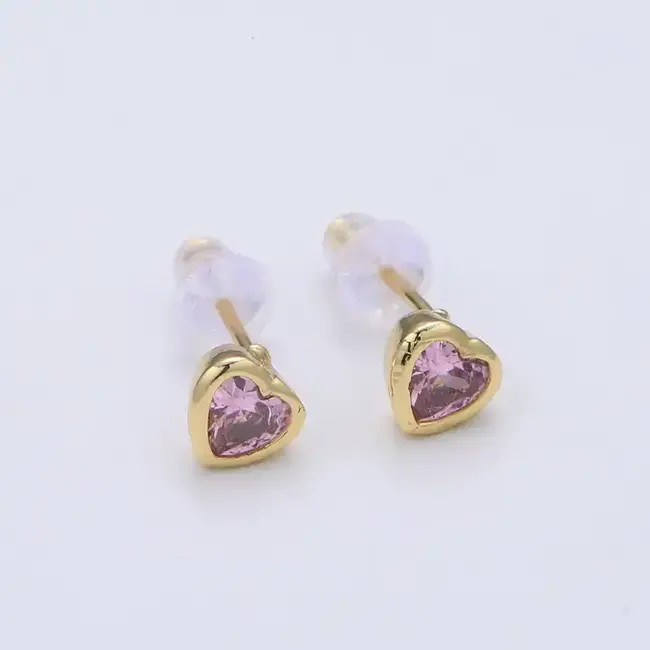 GF Tiny Heart Bezel Set CZ Earrings - Pink