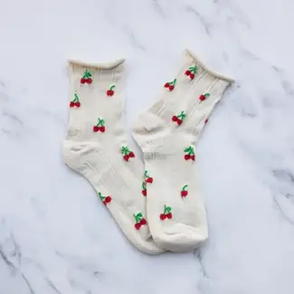 Tiepology Vintage Cherry Socks - Oatmeal/Cherry
