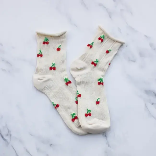 Tiepology Vintage Cherry Socks - Oatmeal/Cherry