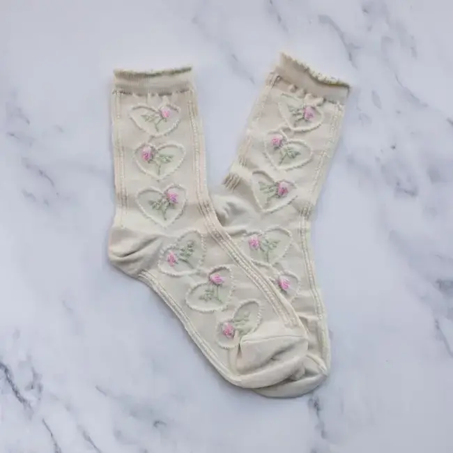 Tiepology Vintage Rose & Heart Socks - Cream