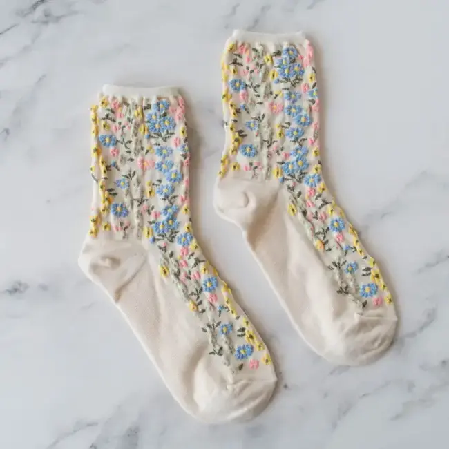 Tiepology Women's Romantic Floral Sock=Oatmeal