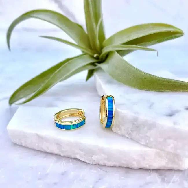 Minor Metal Jewelry Blue Opal Inlay Huggies